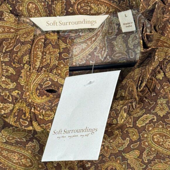 Soft Surroundings Blouse L NWT Brown Gold Paisley Ruffle Collar Long Sleeve Boho - Picture 7 of 8